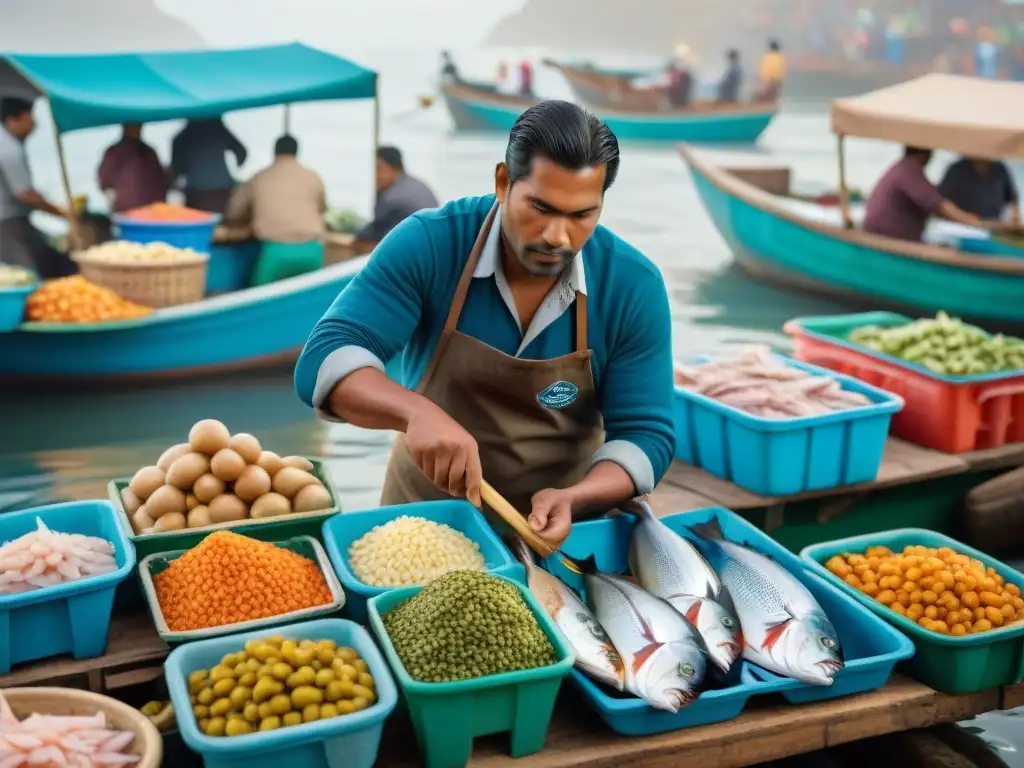 Vibrante mercado pesquero peruano al amanecer lleno de pescado fresco y chefs preparando ceviche