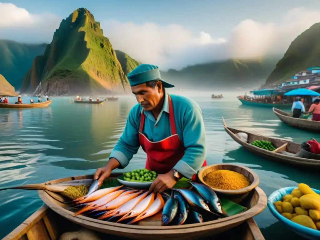 Un vibrante mercado pesquero peruano al amanecer, con pescadores descargando coloridas capturas frescas de barcos de madera