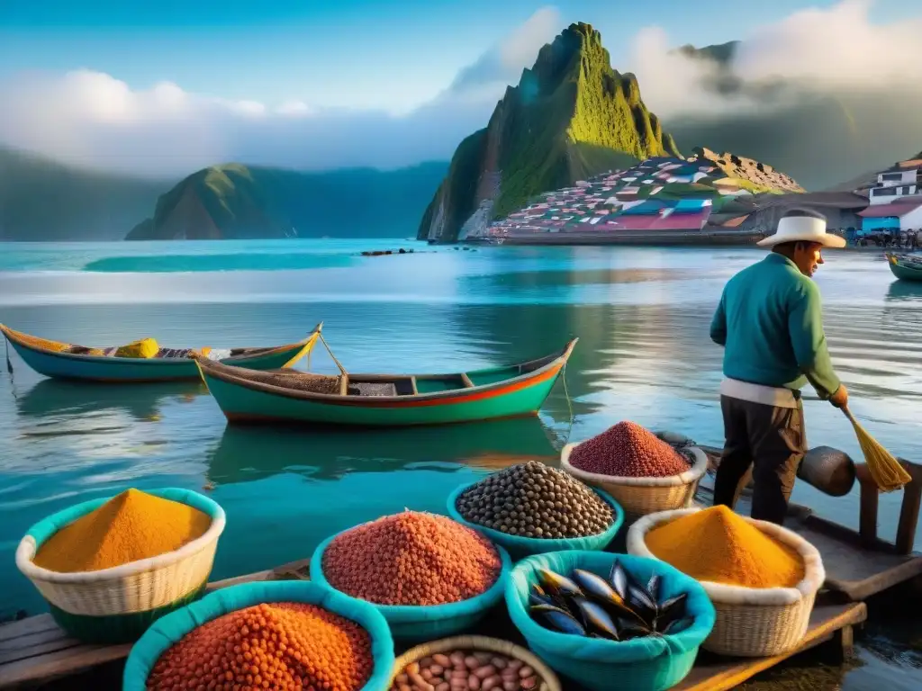 Un vibrante mercado pesquero peruano al amanecer, con biodiversidad marina y gastronomía en plena actividad