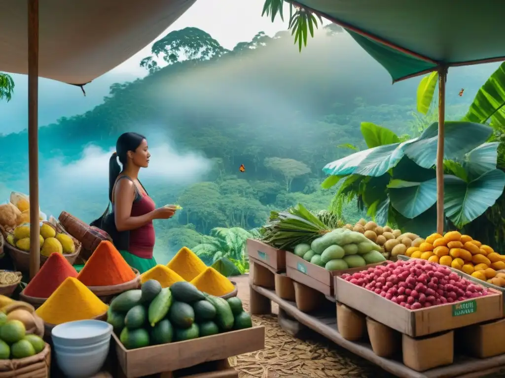 Un vibrante mercado en la selva amazónica con frutas, verduras y especias únicas