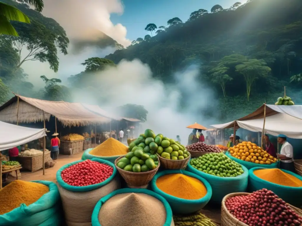 Un vibrante mercado en la selva amazónica con ingredientes autóctonos para cocina contemporánea