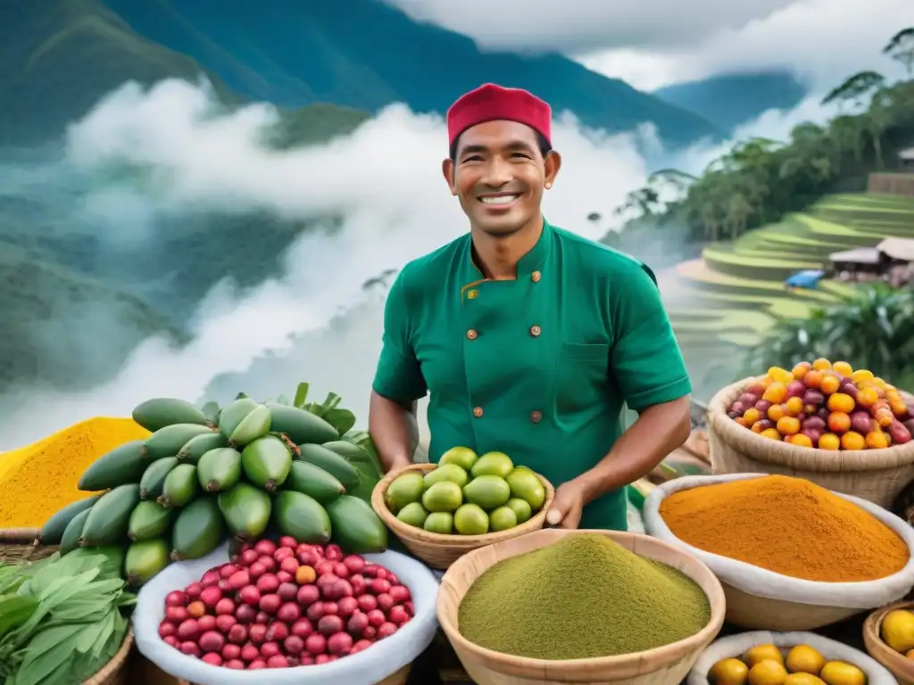 Un vibrante mercado en la selva peruana con ingredientes exóticos de la gastronomía peruana