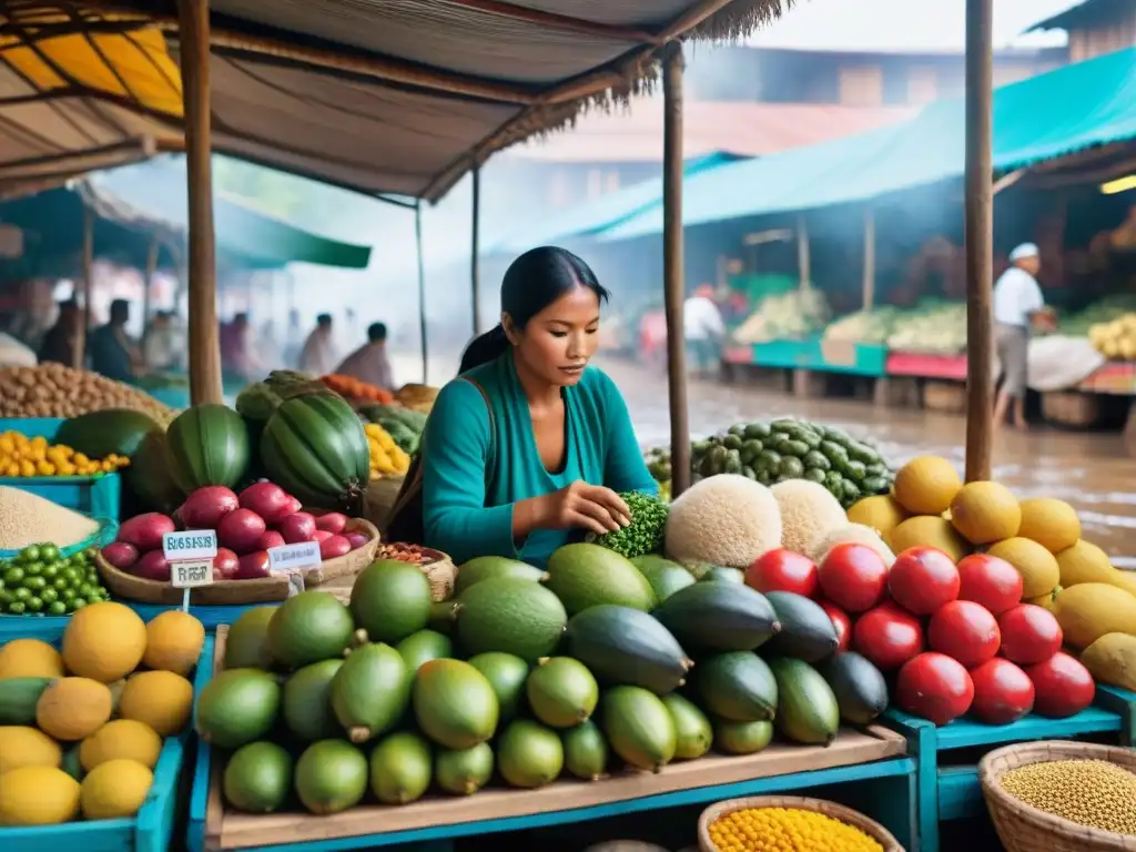 Vibrante mercado en la selva peruana: vendedores indígenas, frutas exóticas y hierbas, visitantes curiosos