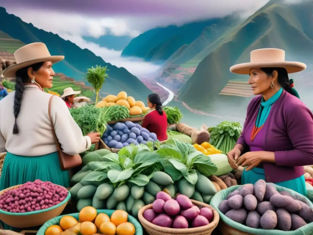 Vibrante mercado agrícola en Perú con agricultura sostenible y coloridas frutas y verduras locales