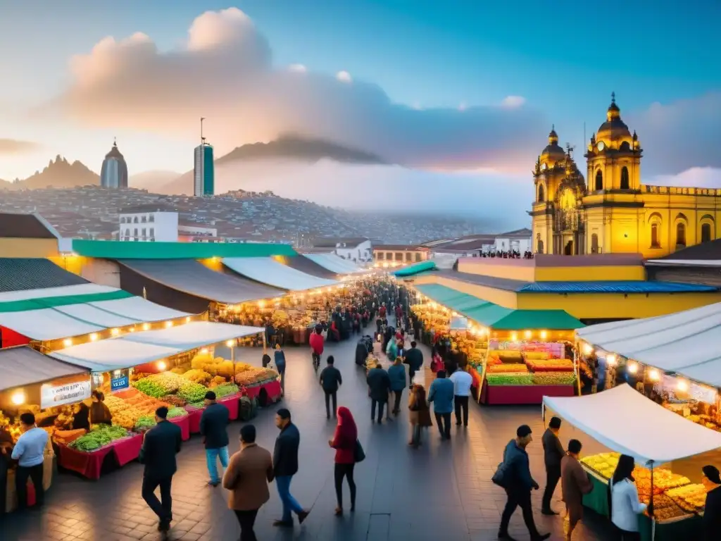 Vibrante mercado en Lima, Perú, con startups alimenticias innovadoras y coloridos puestos ofreciendo platos tradicionales y creaciones de fusión