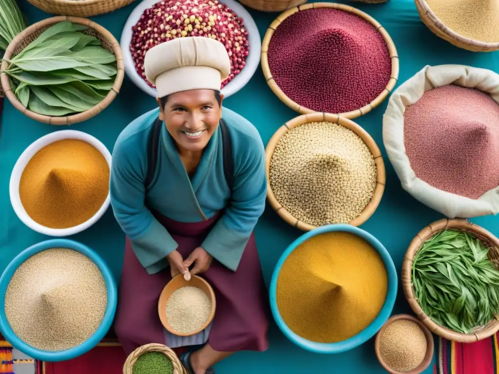 Un vibrante mercado en Perú con superalimentos coloridos como amaranto y quinua