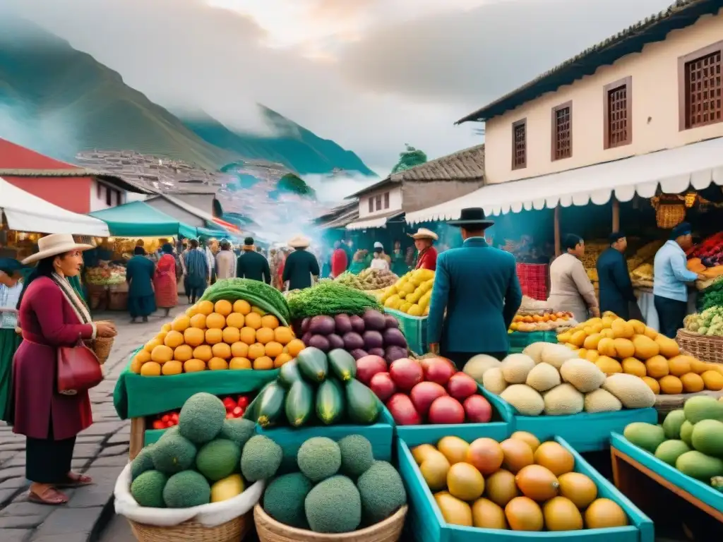 Vibrante mercado tradicional peruano con coloridas frutas y verduras, vendedores autóctonos y arquitectura inca