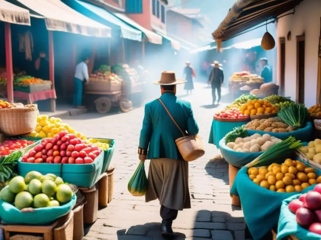 Vibrante mercado tradicional peruano con puestos coloridos y autóctonos, mostrando la esencia de la gastronomía peruana