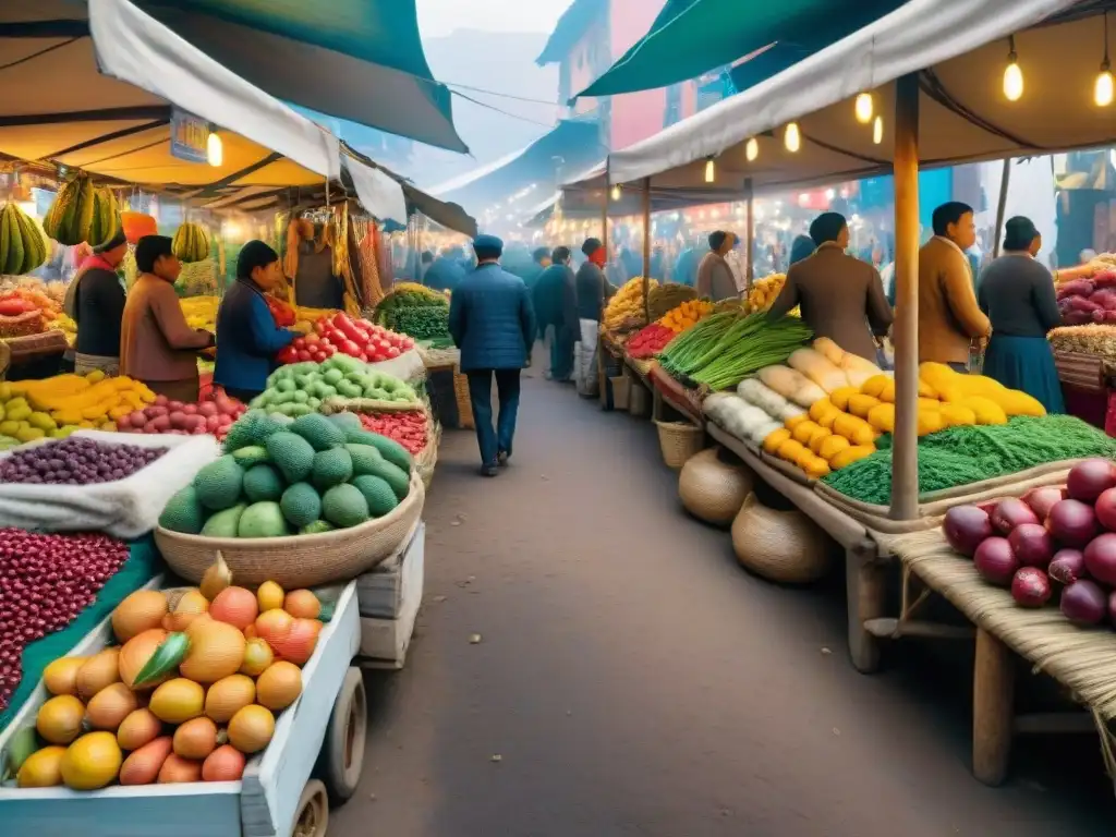 Un vibrante mercado tradicional en Perú, con puestos rebosantes de frutas y verduras coloridas, y delicias locales