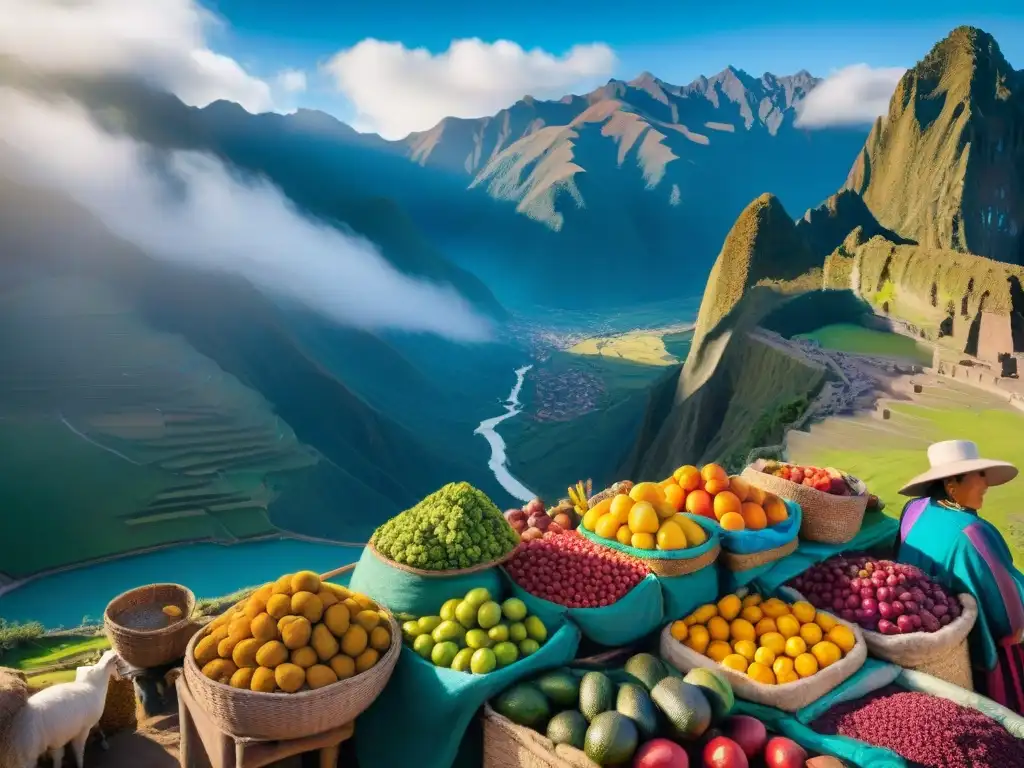 Un vibrante mercado tradicional en la Sierra peruana, con frutas, verduras y la gastronomía local