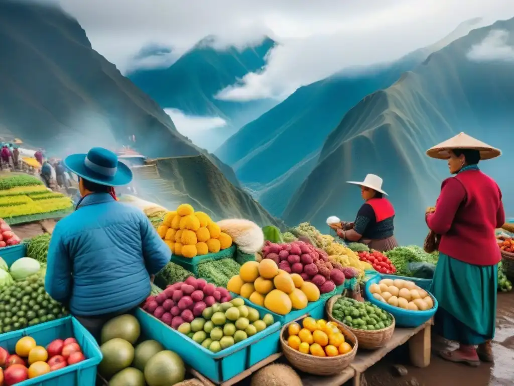 Un vibrante mercado tradicional en la Sierra peruana, rebosante de colores y gastronomía local única