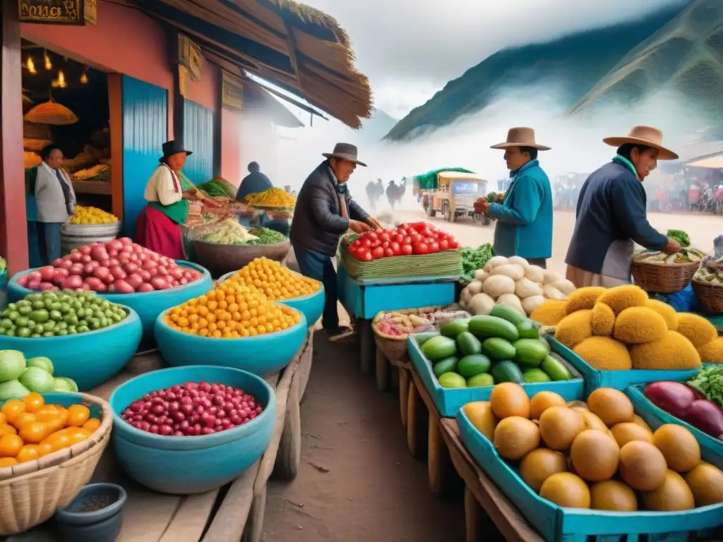 Vibrante fotografía en mercados peruanos auténticos con colorida variedad de productos frescos y vendedores locales