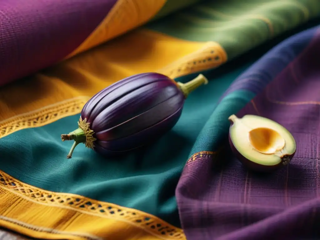 Vibrante maíz morado y frutas de aguaymanto y lucuma sobre textil peruano