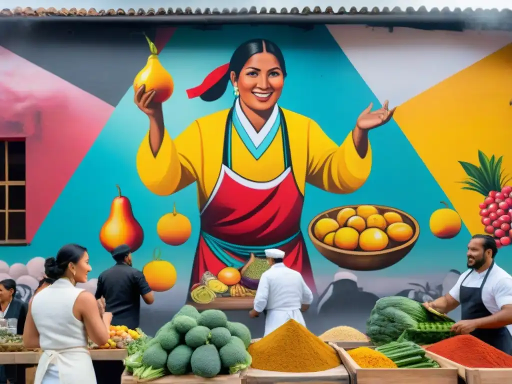 Un vibrante mural que muestra un bullicioso mercado peruano, chefs locales cocinando apasionadamente rodeados de curiosos