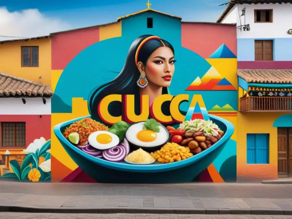 Un vibrante mural callejero en Cusco, Perú, muestra platos peruanos tradicionales