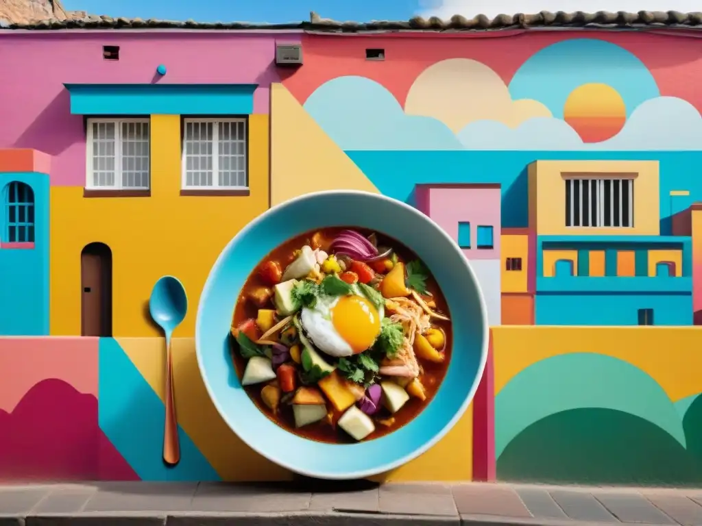 Un vibrante mural callejero en Perú con platos tradicionales como ceviche y lomo saltado, fusionando arte urbano y gastronomía peruana