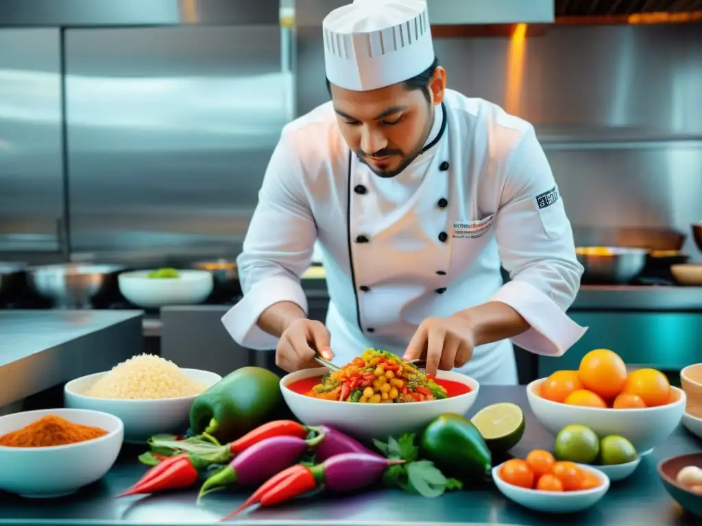 Un vibrante mural de una cocina peruana bulliciosa, con chefs preparando platos tradicionales