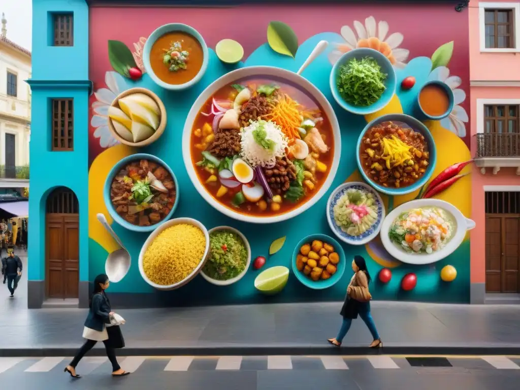 Un vibrante mural de la gastronomía peruana, arte urbano en Lima, con artistas locales y turistas