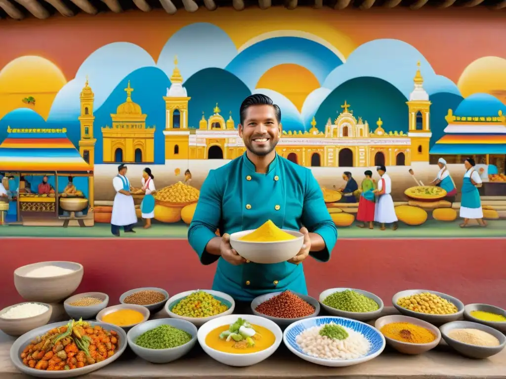 Un vibrante mural urbano de la gastronomía peruana, con chefs preparando platos tradicionales en un bullicioso mercado