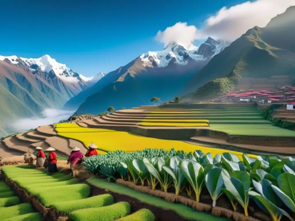 Vibrante paisaje andino con agricultores cosechando tarwi, destacando la importancia del tarwi en gastronomía peruana