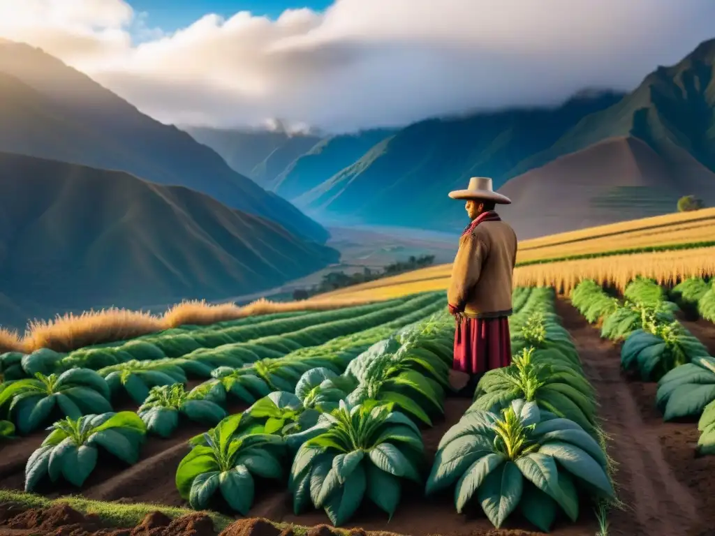 Vibrante paisaje andino al amanecer con cultivo de Maca, resaltando tradición y beneficios salud Maca Andina