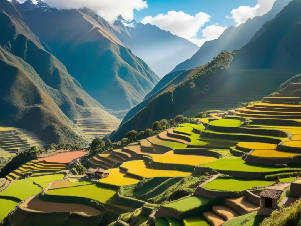 Vibrante paisaje andino con cultivo de maca de colores, agricultores quechuas y llamas, destacando los beneficios de la maca peruana