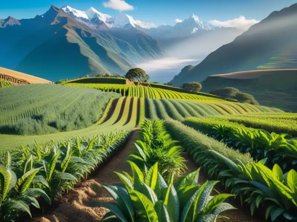 Vibrante paisaje andino con cultivo de quinoa y beneficios supergranos andinos dieta