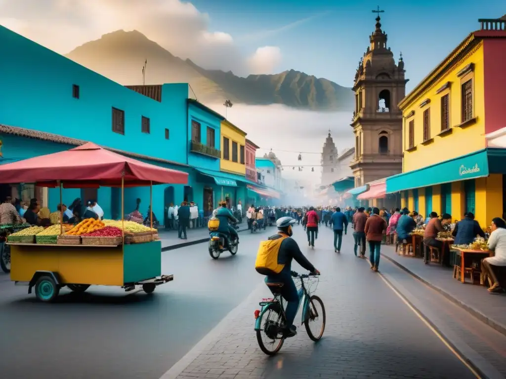 Un vibrante paisaje de la gastronomía peruana en bicicleta en las bulliciosas calles de Lima, Perú, fusionando tradición e innovación