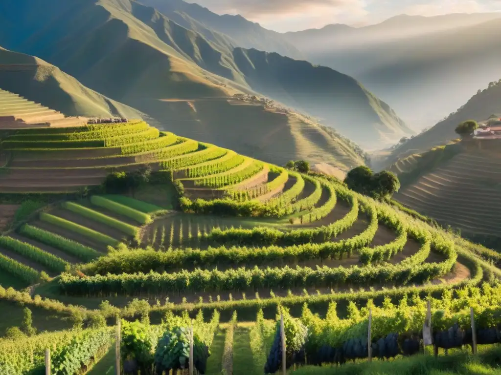 Vibrante paisaje de viñedos andinos en Perú al atardecer, con agricultores locales cuidando las uvas