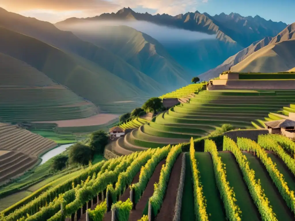 Vibrante paisaje de viñedos de Pisco al atardecer en Perú, con historia del pisco peruano