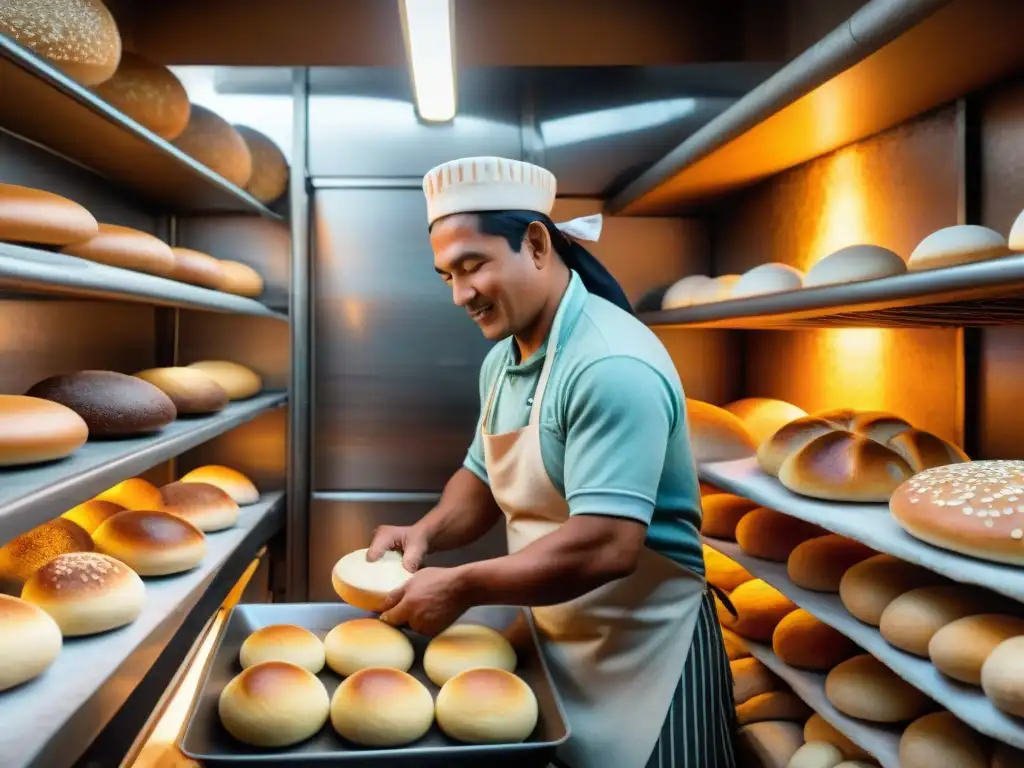 Vibrante panadería peruana con maestro panadero moldeando pan chuta y pan serrano