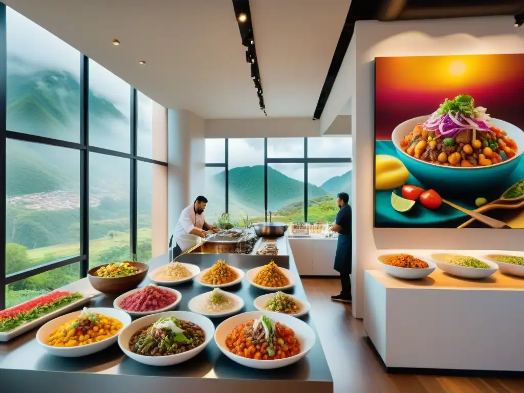 Una exposición vibrante de gastronomía peruana y artes visuales en una galería iluminada