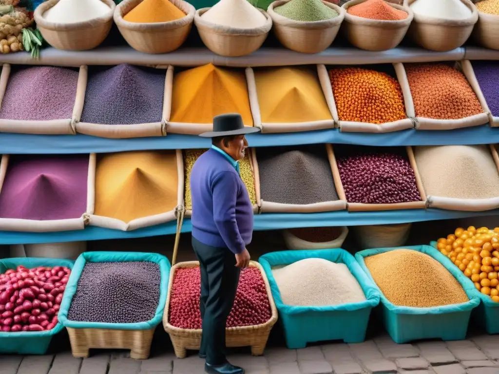 Explora la vibrante gastronomía peruana en un bullicioso mercado, con ingredientes autóctonos y colores vibrantes