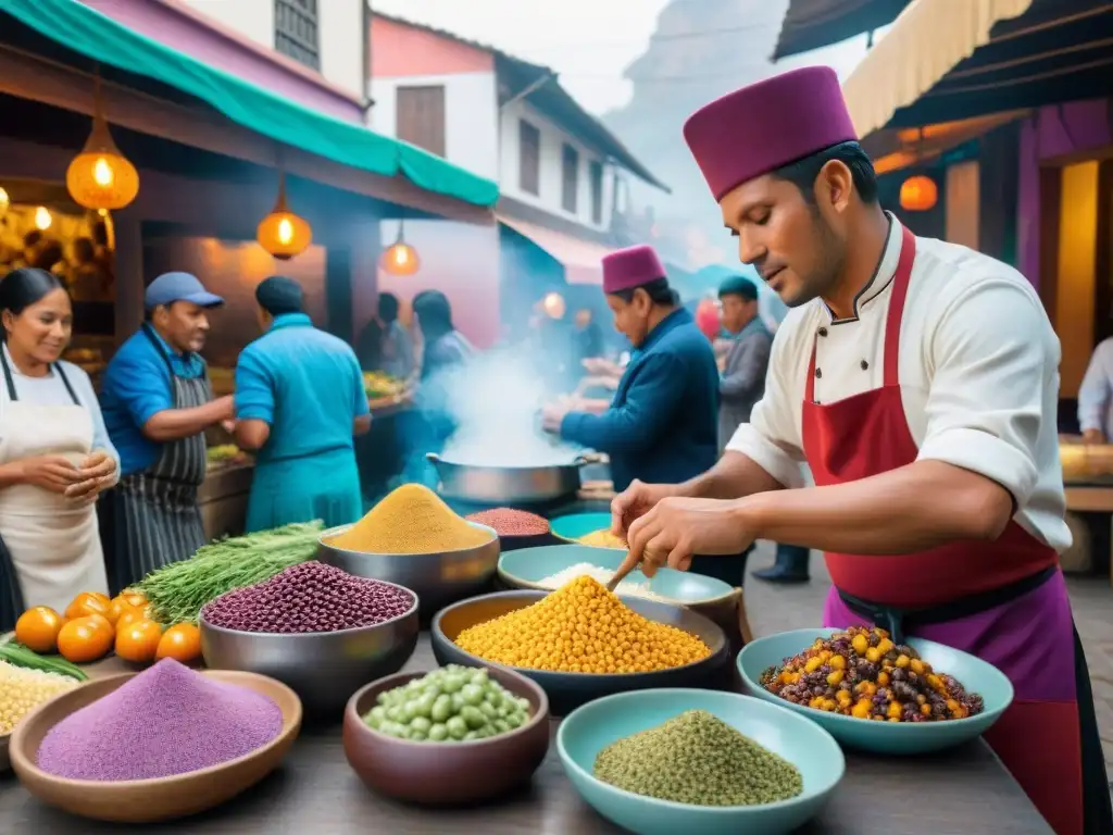 La vibrante gastronomía peruana: platos tradicionales e ingredientes coloridos en un bullicioso mercado callejero de Lima