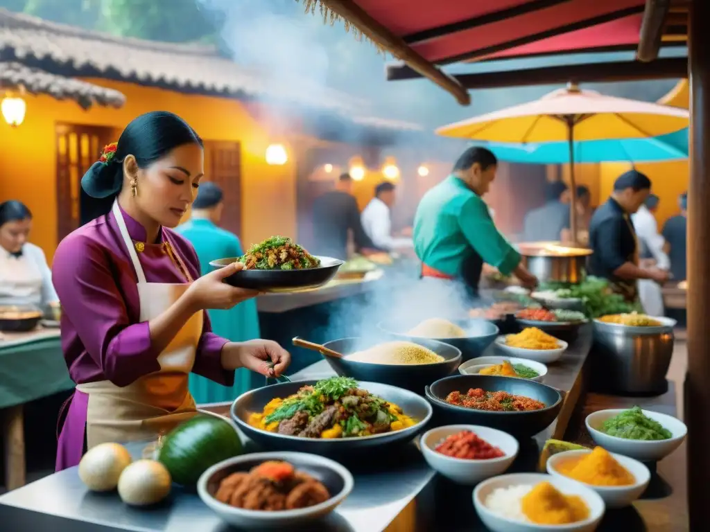 Vibrante picantería arequipeña con gastronomía peruana tradicional y moderna, chefs preparando rocoto relleno y adobo