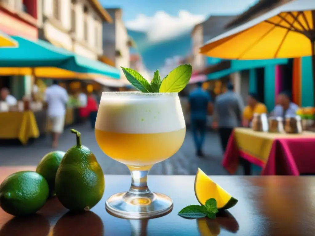 Un vibrante Pisco Sour peruano decorado con lima y menta, en un bullicioso mercado peruano