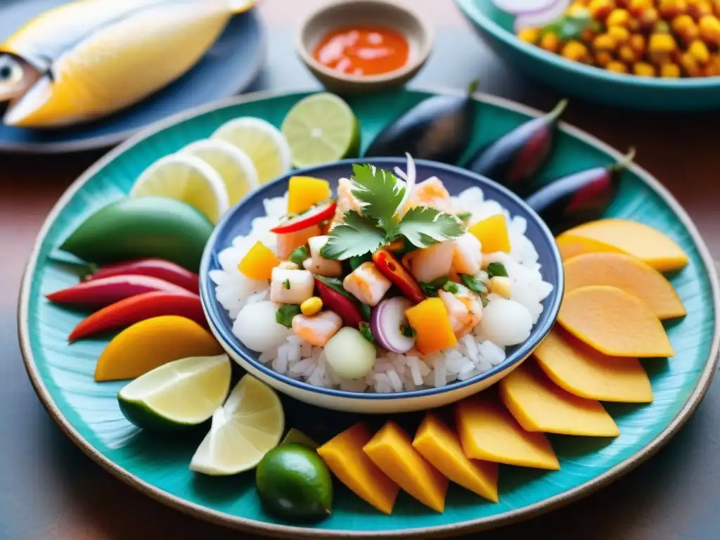 Un vibrante plato de ceviche peruano rodeado de ingredientes frescos en un mercado, ideal para compartir