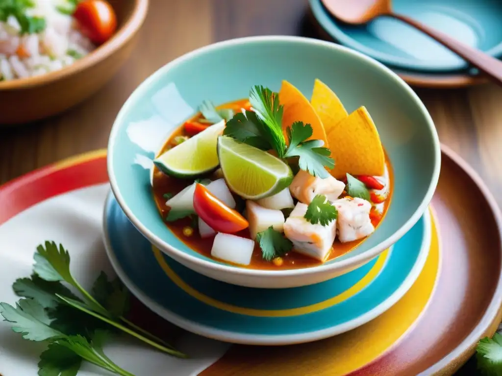 Un vibrante plato de ceviche peruano en primer plano, con la bandera de Perú al fondo