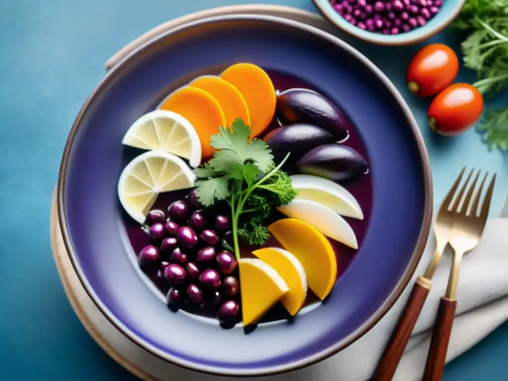 Un vibrante plato de Maíz Morado en la gastronomía peruana, con contrastes de color y textura, presentado en una artesanal cerámica