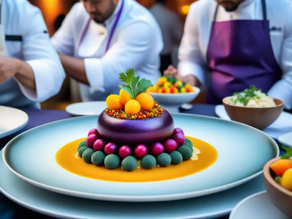 Un vibrante plato peruano en competencia gastronómica, con ingredientes frescos y coloridos, una obra de arte culinaria