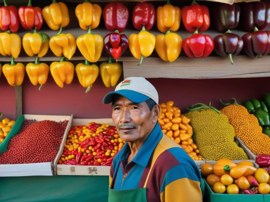 Un vibrante puesto de mercado en Perú con ají amarillo y rocoto en comparación, destacando colores y formas