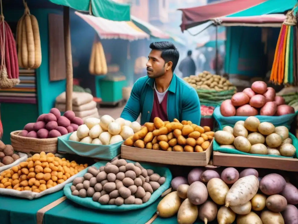 Un vibrante puesto de mercado en Perú con diversidad de tubérculos peruanos, resaltando texturas y colores