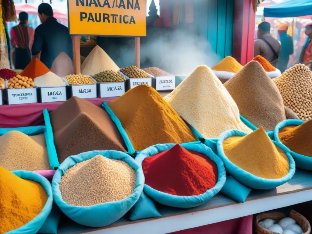 Un vibrante puesto de mercado peruano exhibiendo la maca en diferentes formas, rodeado de gente local y turistas