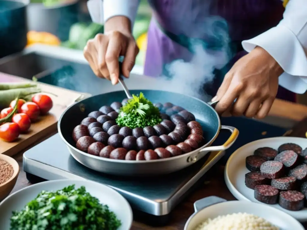 Un vibrante puesto de mercado peruano con sangrecita siendo preparada por un chef local, capturando la esencia culinaria andina