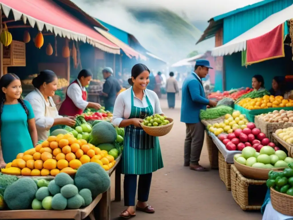 Un vibrante puesto de mercado peruano con niños curiosos descubriendo la cocina local