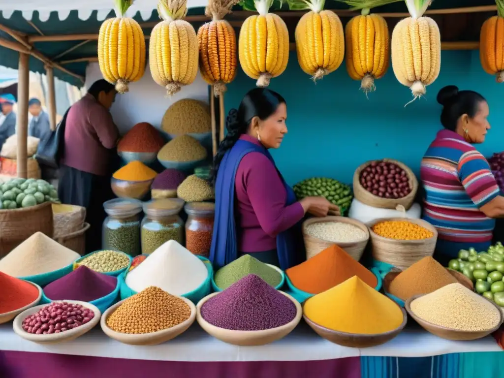 Un vibrante puesto de mercado peruano rebosante de superfoods coloridos como la lucuma, la maca, la quinua y el maíz morado