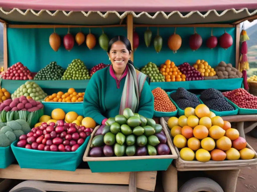 Un vibrante puesto de mercado peruano rebosante de Chirimoyas, fruta exótica del Perú