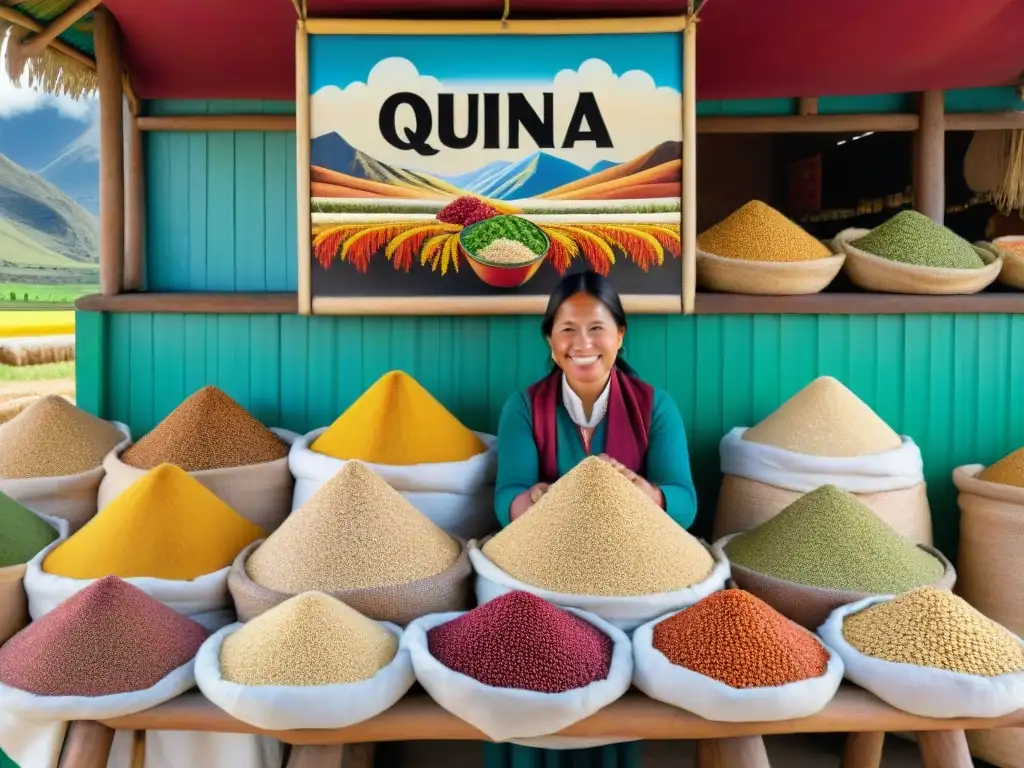 Un vibrante puesto de mercado peruano rebosante de quinua recién cosechada en diferentes colores con un letrero 'Quinua Oro de los Andes'