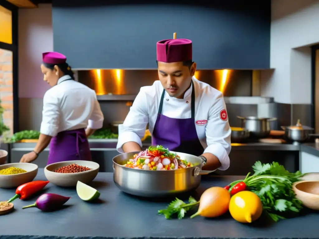 Un vibrante retrato de anécdotas chefs peruanos en su cocina, rodeados de ingredientes coloridos y tradiciones culinarias