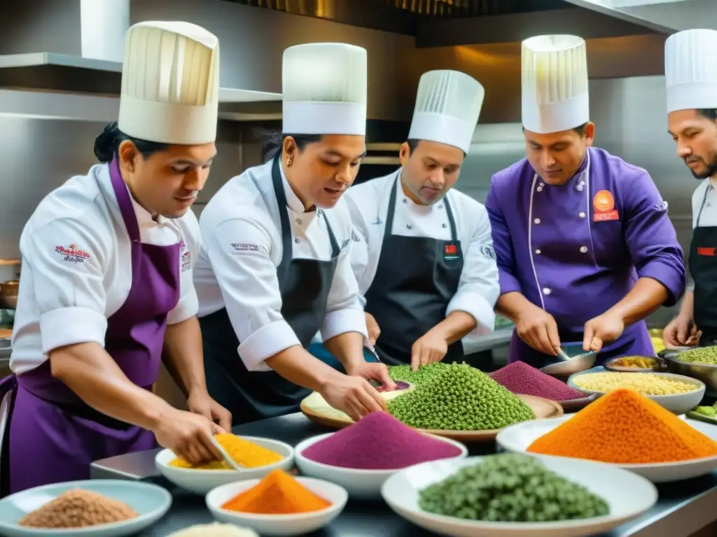 Un vibrante retrato de chefs peruanos preparando platos tradicionales con ingredientes autóctonos